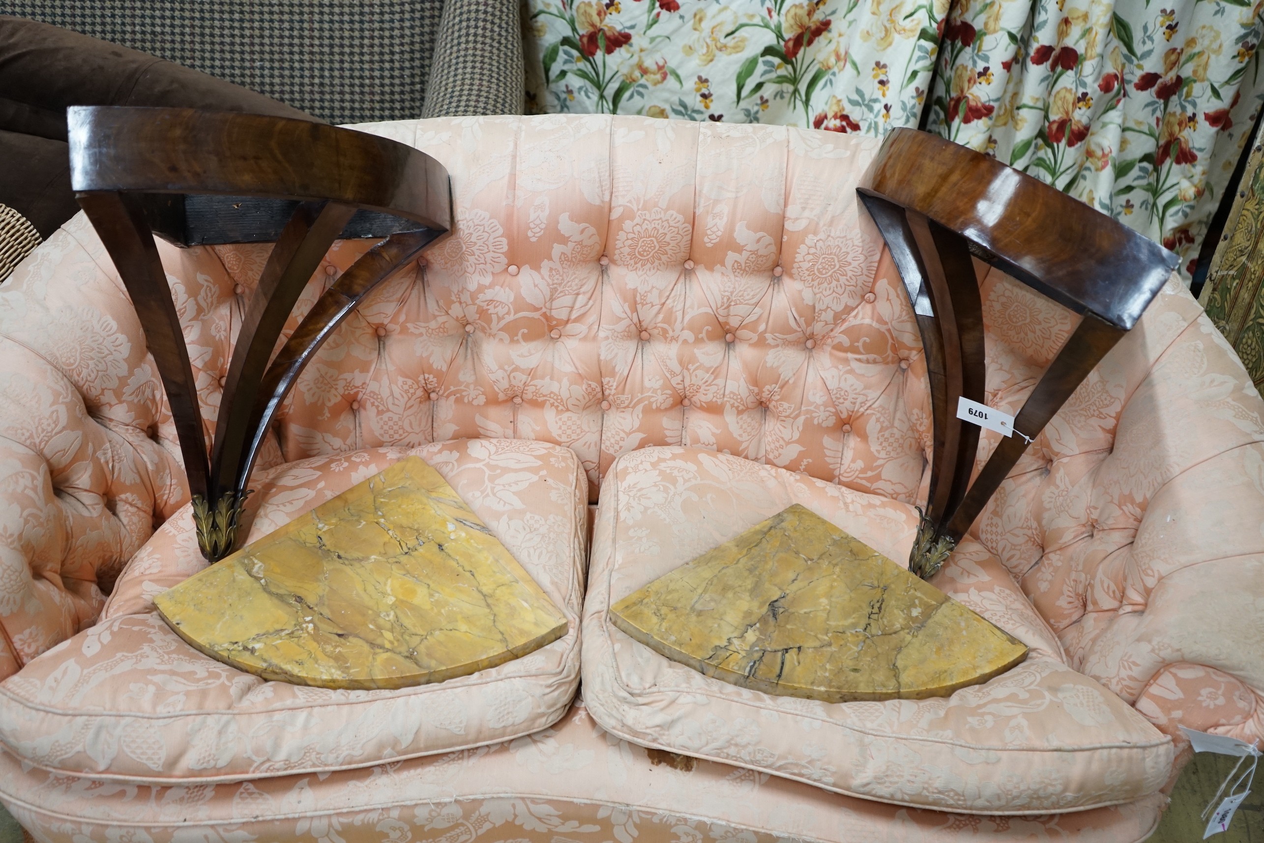 A pair of 19th century gilt metal mounted marble top mahogany bow front corner console tables, width 52cm, depth 36cm, height 60cm